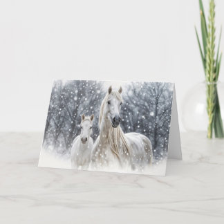 Cartão De Festividades Christmas Horses White Mare and Foal in the Snow