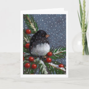 Cartão De Festividades Christmas Junco Bird, Color Pencil: Berries, Snow