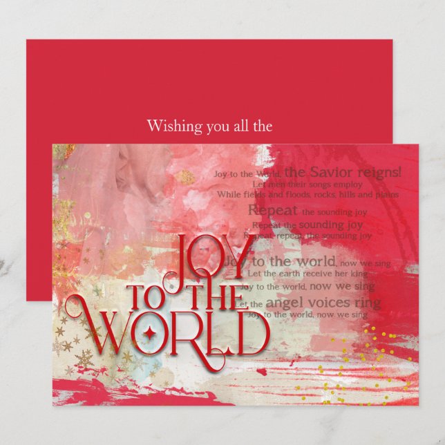Cartão De Festividades Christmas lyrics Joy To The World Red and Gold (Frente/Verso)