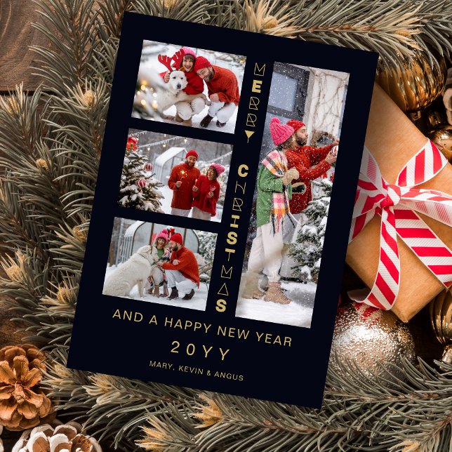Cartão De Festividades Christmas Navy & Gold 4 Multi photos Funny Script (Christmas Navy & Faux Gold 4 Multi photos Collage Whimsical Funny Script Holiday Card with Envelope.)