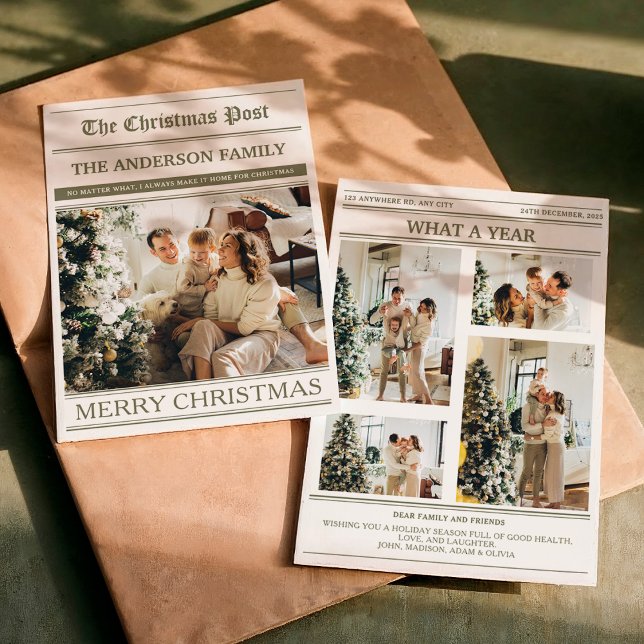 Cartão De Festividades Christmas Newspaper Olive Green Photo What a Year (Criador carregado)