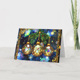 Cartão De Festividades Christmas ornaments hanging from the tree branches