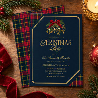 Cartão De Festividades Christmas Party Navy Tartan Plaid Red Bow