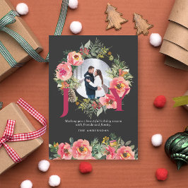 Cartão De Festividades Christmas Photo Black Joy Floral Wreath Botanical