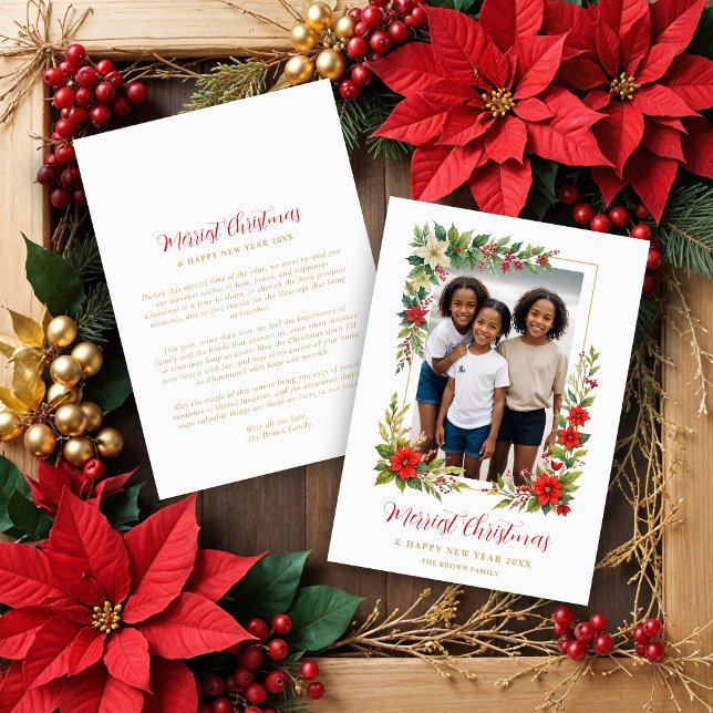Cartão De Festividades Christmas Photo Botanical Frame Poinsettias Blooms (Christmas Photo Botanical Frame Poinsettias Blooms & Red Berries Holidays Cards.)