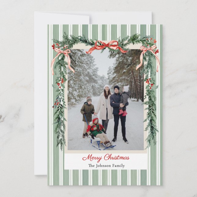 Cartão De Festividades Christmas Photo Card Green Stripes Pine Garland (Frente)