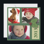 Cartão De Festividades Christmas Photo Trio in Green Holly Berry Greeting<br><div class="desc">With faux ribbons of green and a pretty holly sprig detail,  this square card has space for you to share three of your favorite photos in your holiday greeting to friends and family.  You can customize every line to personalize your message.  Also available in this line:</div>