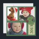 Cartão De Festividades Christmas Photo Trio in Green Holly Berry Greeting<br><div class="desc">With faux ribbons of green and a pretty holly sprig detail,  this square card has space for you to share three of your favorite photos in your holiday greeting to friends and family.  You can customize every line to personalize your message.  Also available in this line:</div>