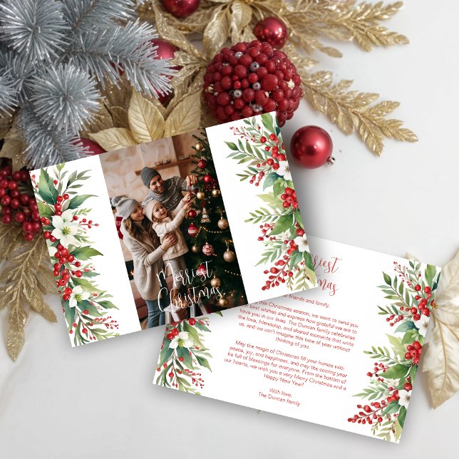 Cartão De Festividades Christmas Poinsettias Holly Floral Family Photo (Christmas Inspirations Poinsettias &Holly Sweet Floral Family Photo Holidays Cards.)