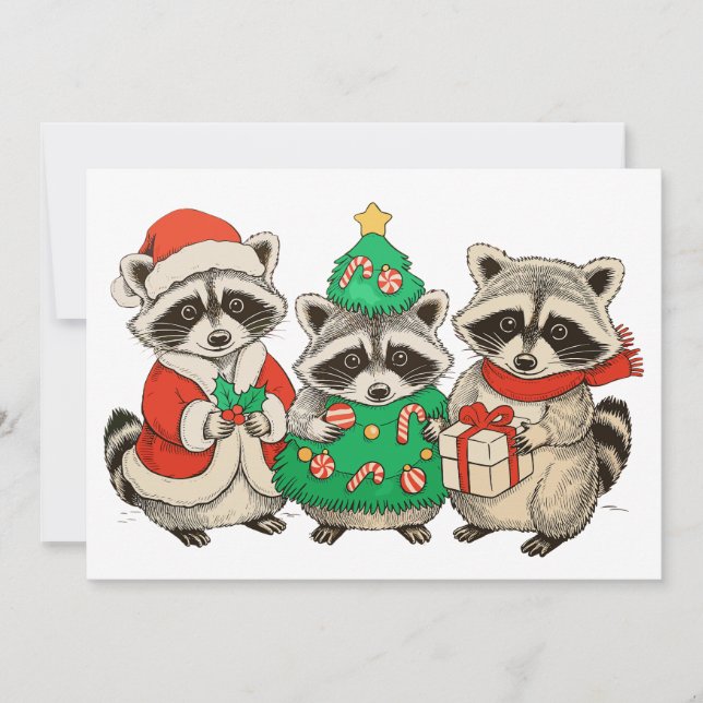 Cartão De Festividades Christmas Raccoon Santa Hat Tree Xmas Lights (Frente)