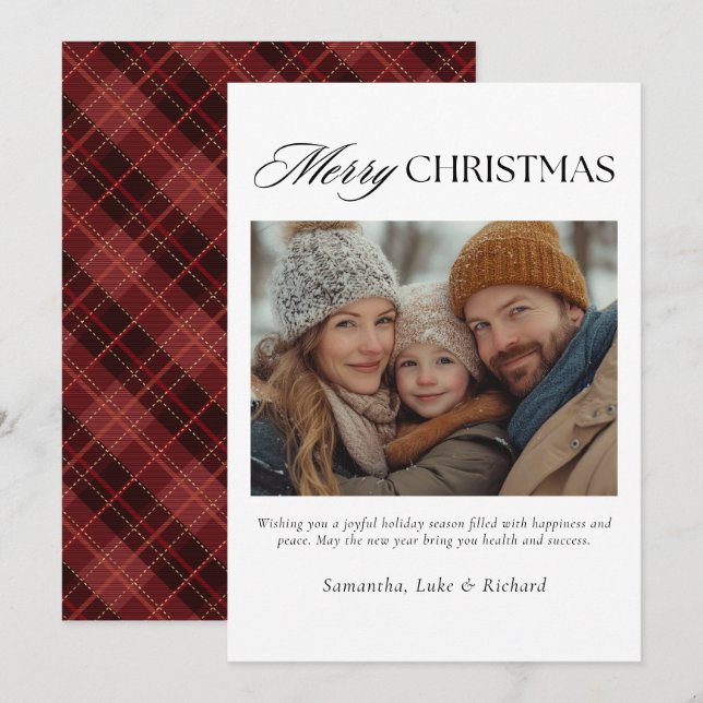 Cartão De Festividades Christmas Red Plaid Family Photo Holiday Card (Frente/Verso)
