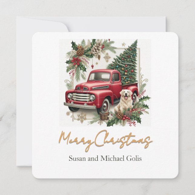 Cartão De Festividades Christmas Red Truck with Greenery Gold  Font  (Frente)