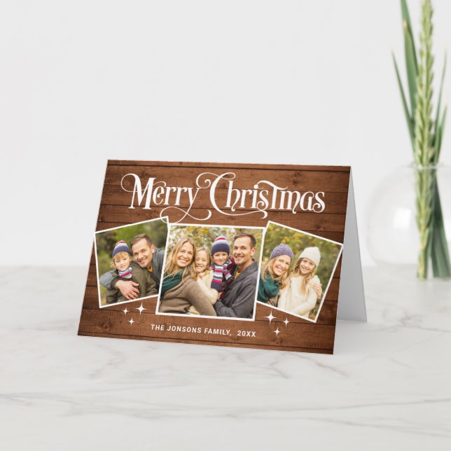 Cartão De Festividades Christmas Rustic Brown Wood 4 PHOTO Greeting (Frente)