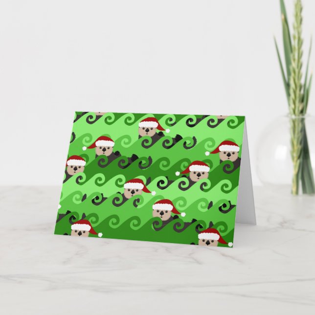 Cartão De Festividades Christmas Sea Otters Green Waves (Frente)