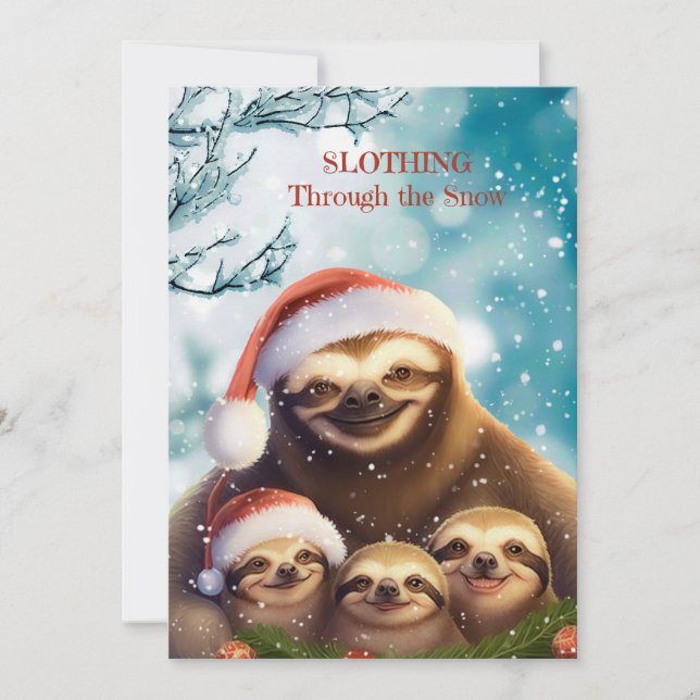 Cartão De Festividades Christmas Sloth with Sloth Babies in Snow (Frente)