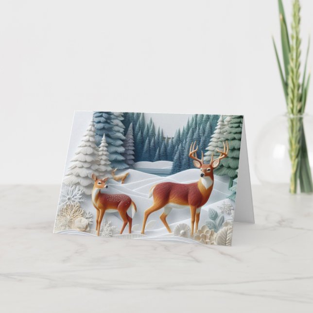 Cartão De Festividades Christmas Snow Scene with Deer Holiday Card  (Frente)