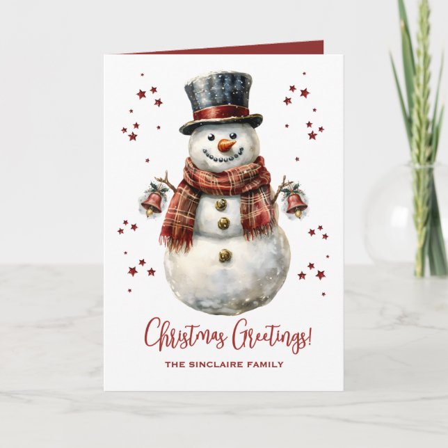 Cartão De Festividades Christmas Snowman Holiday Card With Name (Frente)
