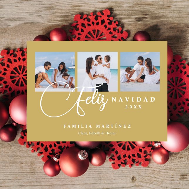 Cartão De Festividades Christmas Spanish Cute 3 Multi Photo Collage (Christmas Spanish Cute 3 Multi Photo Collage in Faux Gold Holiday Card with Envelope. )