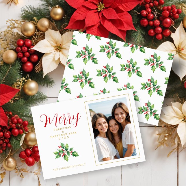 Cartão De Festividades Christmas Sprig Holly Leaves Red Berries Photo (Christmas Sprig Holly Green Leaves & Red Berries Photo Holidays Cards. )