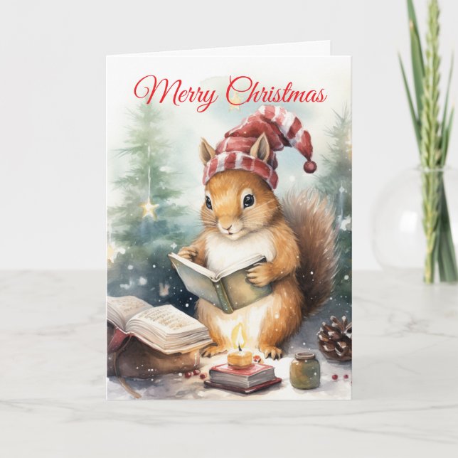 Cartão De Festividades Christmas Squirrel reading (Frente)