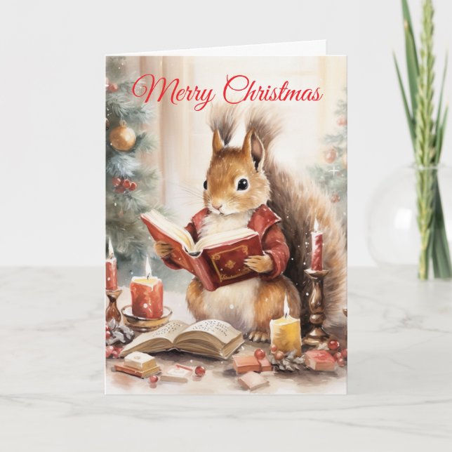 Cartão De Festividades Christmas Squirrel reading (Frente)