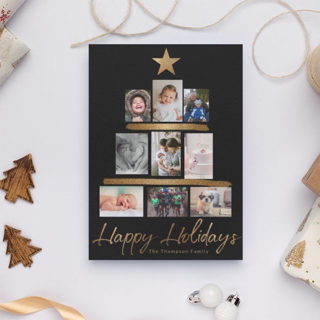 Cartão De Festividades Christmas tree Family photo Collage Year Review (Customizable Happy Holidays Black gold Script Christmas family photo tree collage.)