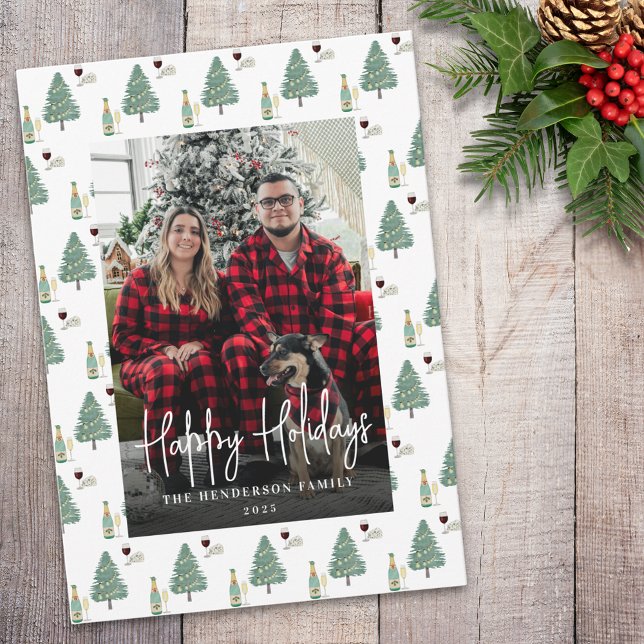 Cartão De Festividades Christmas Tree Lights Wine Cheese Custom Photo (Happy holidays tree lights wine cheese personalized Photo holiday card Watercolor christmas trees)
