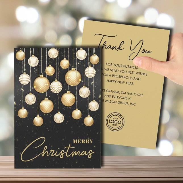 Cartão De Festividades Christmas Tree Ornaments Business Greeting Flat (White and gold Christmas tree ornaments business greeting holiday cards with logo on back)