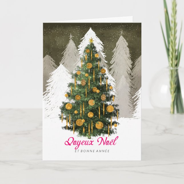 Cartão De Festividades Christmas Tree Snow in French Folded Holiday Card (Frente)