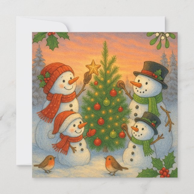 Cartão De Festividades Christmas Tree Snowman Family In Snowy Sunset (Frente)