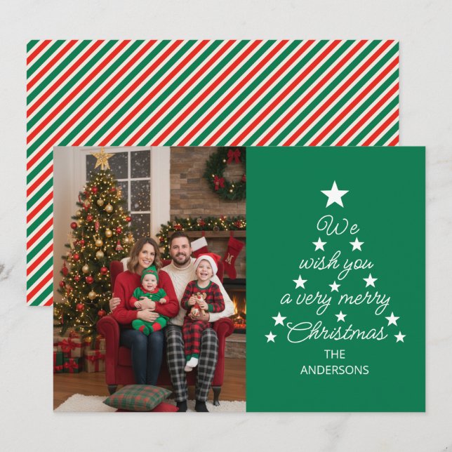 Cartão De Festividades Christmas Tree Typography Family Photo Stars Green (Frente/Verso)