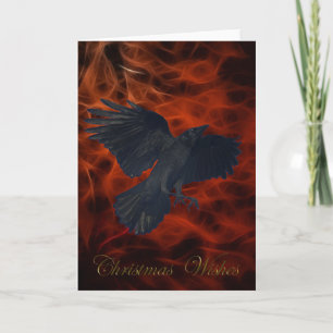 Cartão De Festividades "Christmas Wishes" Crow on Red Fractals Xmas Card