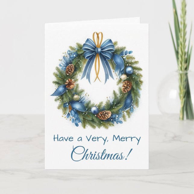 Cartão De Festividades Christmas Wreath in Blue & Gold  (Frente)