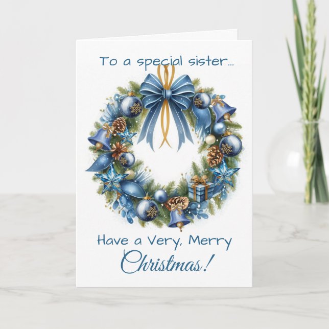 Cartão De Festividades Christmas Wreath in Blue & Gold Card for Sister (Frente)