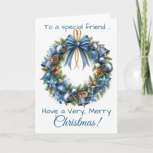 Cartão De Festividades Christmas Wreath in Blue & Gold for Friend (Frente)