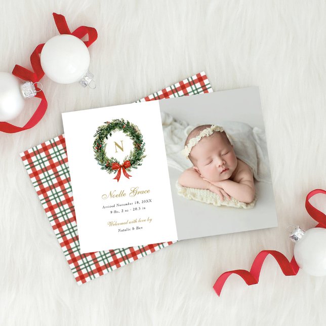 Cartão De Festividades Christmas Wreath Newborn Girl Birth Photo (Criador carregado)