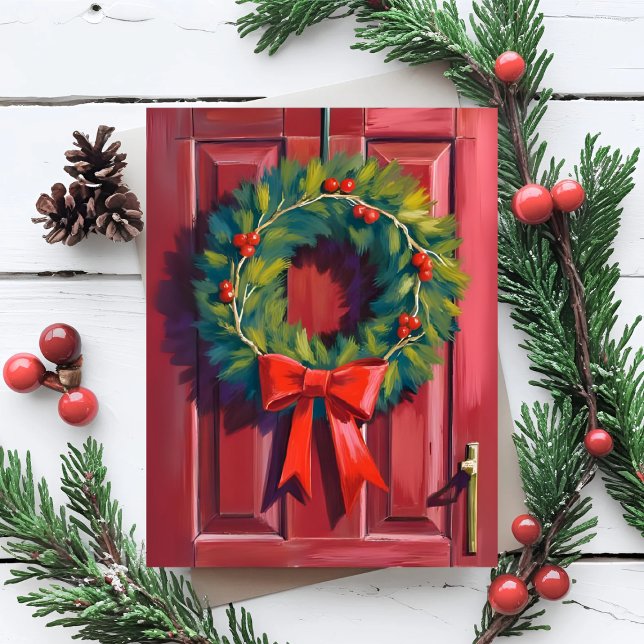 Cartão De Festividades Christmas Wreath Red Door Watercolor (Criador carregado)