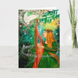 Cartão De Festividades Christmas Yule Elf Maiden Harp, Owl Greeting Card