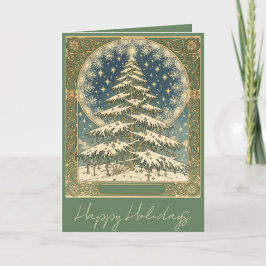 Cartão De Festividades Christmas Yule Tree Snowflakes and Stars Art Nouve