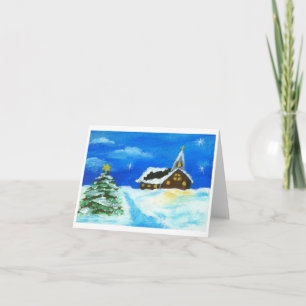 Cartão De Festividades Church Christmas Tree Landscape Art Snow Stars