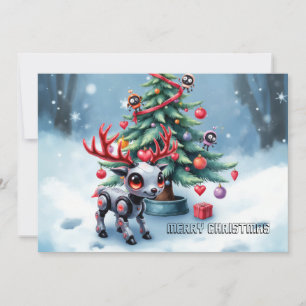 Cartão De Festividades Ciberpunk Reindeer bonito com Árvore de Natal