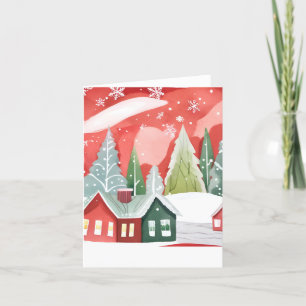 Cartão De Festividades Cidade Feliz Natal   Aquarela Vermelha Verde