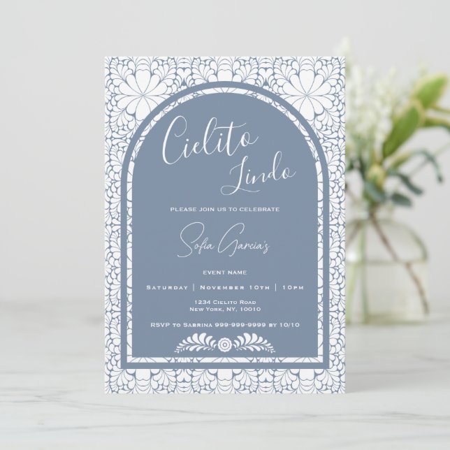 Cartão De Festividades Cielito Lindo Mexican Blue Folk Art Invitation (Em pé/Frente)