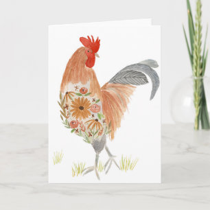 Cartão De Festividades Cinto Aquarela de Placa de Rooster Floral