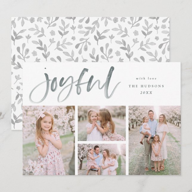 Cartão De Festividades Cinza Aquarela Joyful Christmas Modern Collage (Frente/Verso)