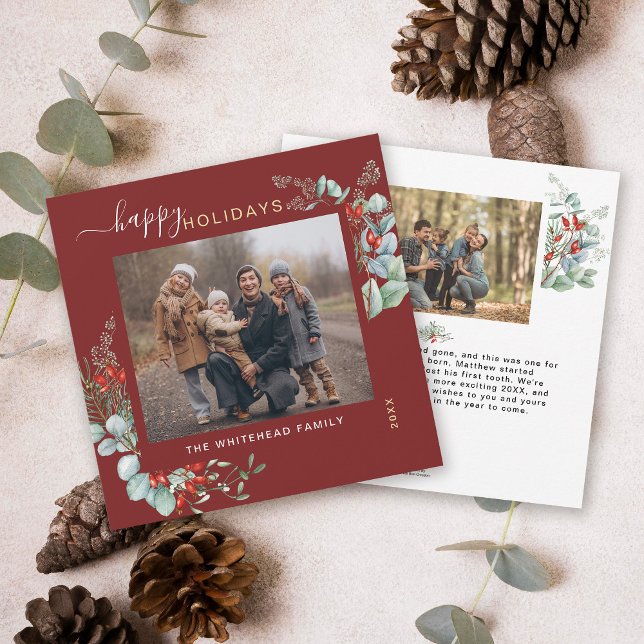 Cartão De Festividades Cinza Botânica Aquarela Borgonha Elegante (You will love these beautiful Christmas cards! They feature botanical watercolor pine and berries.)