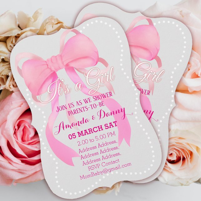 Cartão De Festividades Cinza de Fita Rosa (Ribbon Baby Shower Invitation Card.)