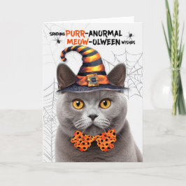 Cartão De Festividades Cinza do Dia das Bruxas Britânicas Cat PURRanormal