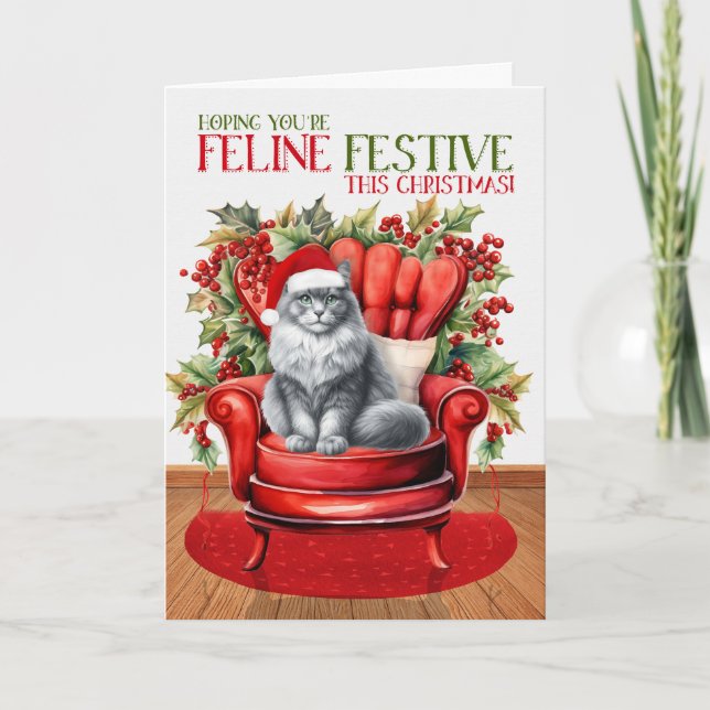 Cartão De Festividades Cinza e Natal Branco Gato FELIZ Festivo (Frente)