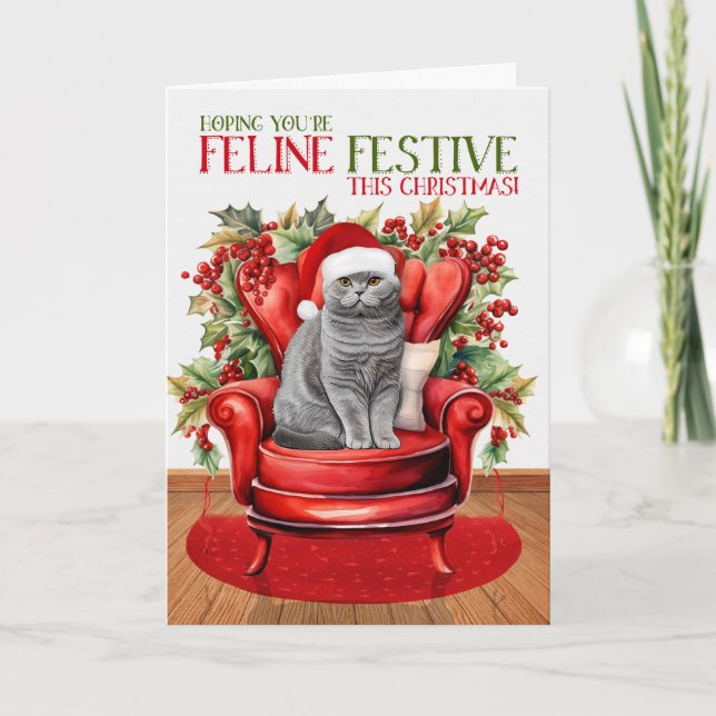 Cartão De Festividades Cinza Escocês Vidro Natal Gato FELO Festivo (Frente)
